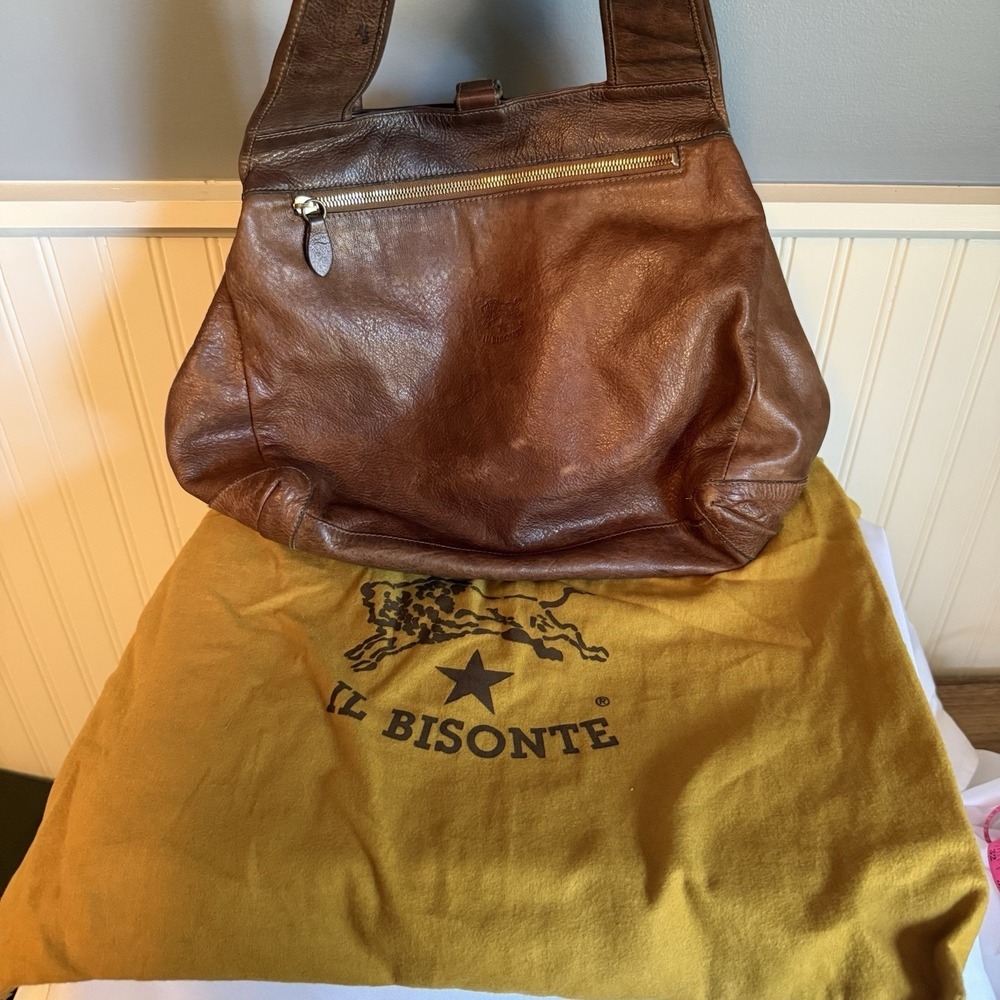 Il Bisonte Leather Slouchy Shoulder Bag Tote Purse Handbag Brown Camel Italy